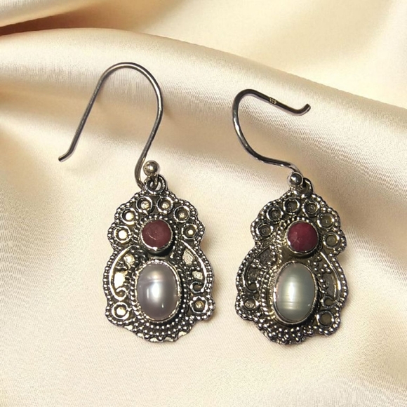Artisan Ruby, Pearl And Sterling Silver Bali Design Dangle Earrings - Picture 1 of 9